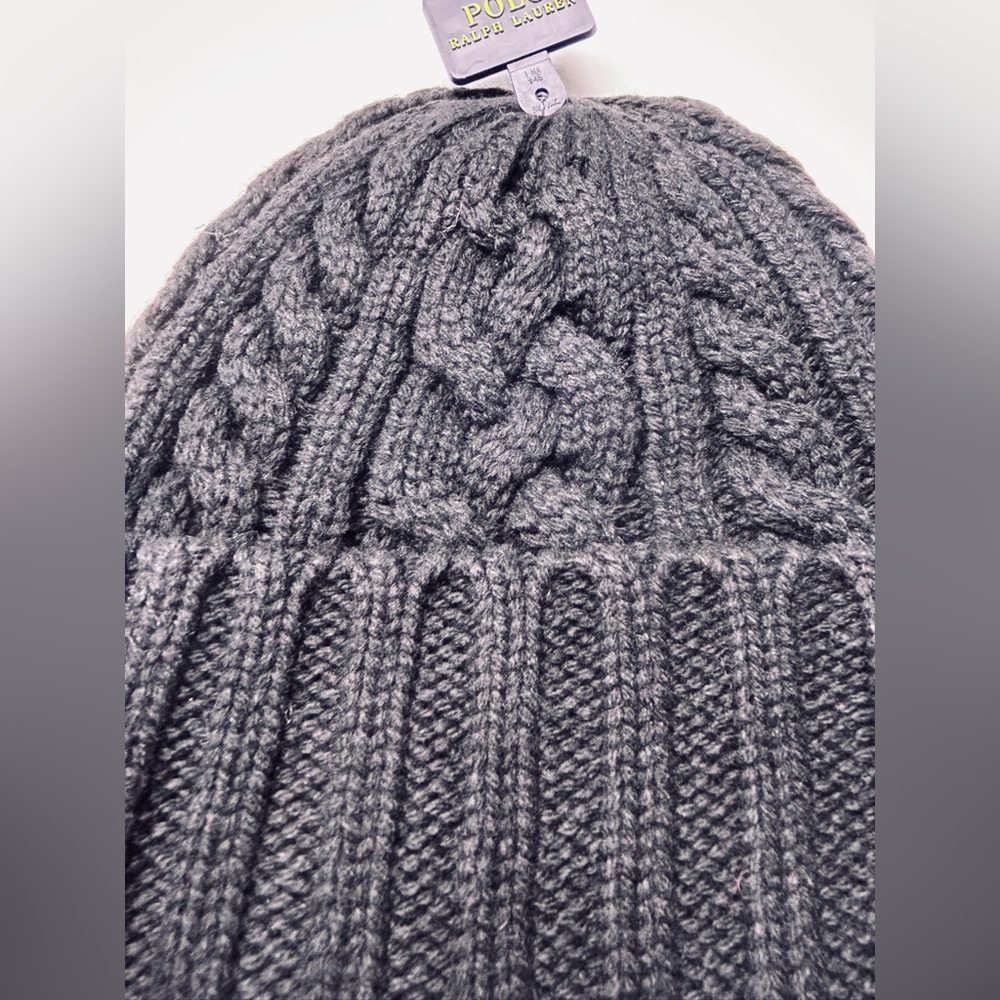NWT 🧸Ralph Lauren AMERICAN POLO BEAR CABLE-KNIT Wool Beanie in Aviator Black - Picture 5 of 5